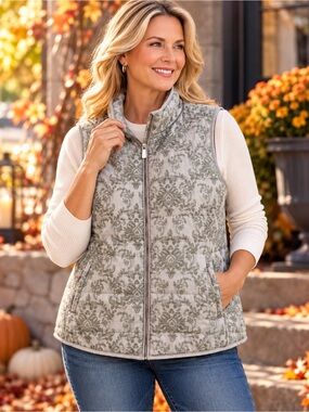 DB Vest Floral Damask Quilted Puffer Mock Neck Full Zip Women’s Plus Size 1X EUC